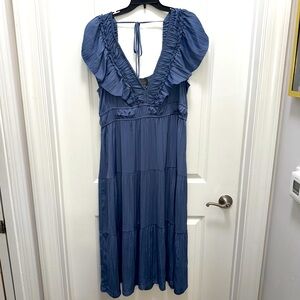Anthropologie Dusty Blue Flowy Ruffle Sleeve Dress